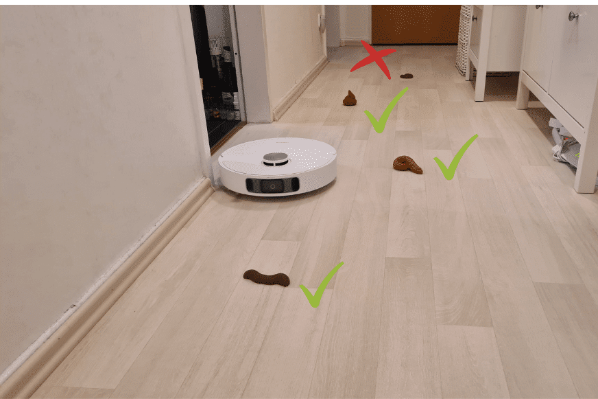 Результат теста Dreame L10s Ultra на обнаружение препятствий с собачьими экскрементами.